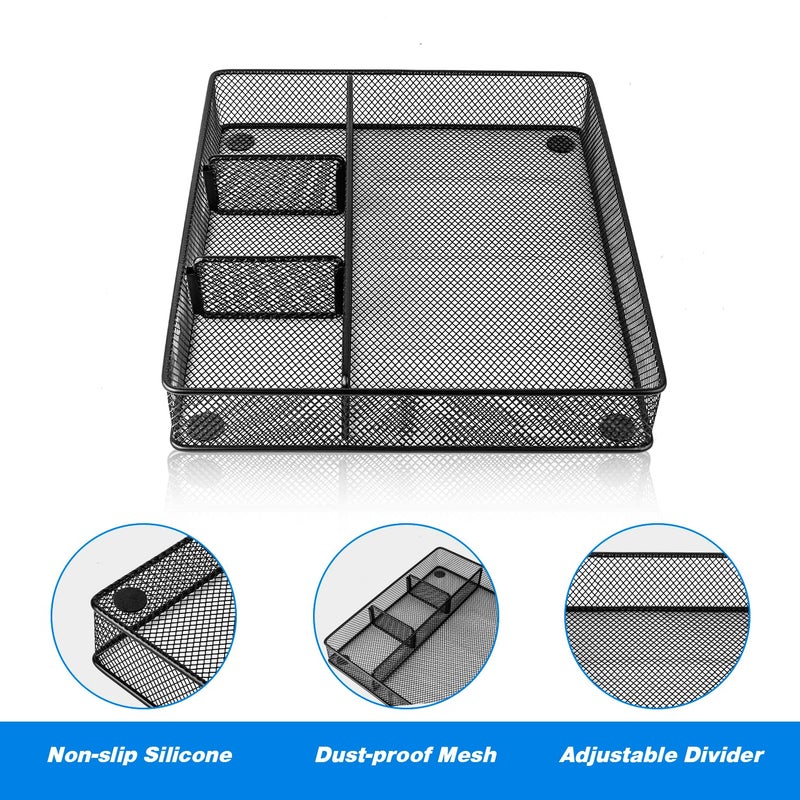 VyGrow Desk Drawer Organizer Tray, Metal Mesh Drawer Organizers Office, 4 Grid with Adjustable Compartment, Desk Organizer Tray for Home Office 12x10.6x1.9 inch Black, 2 Pack - Image 3
